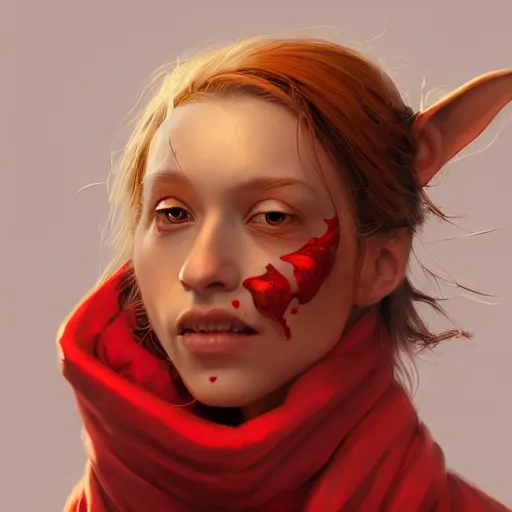 Prompt: Goblin Female portrait, Red Scarf, hatched ear, golden earring, white background, by Horace Hsu, Tony Sart, Miles Johnston, highly detailed, digital illustration, concept art, trending on artstation