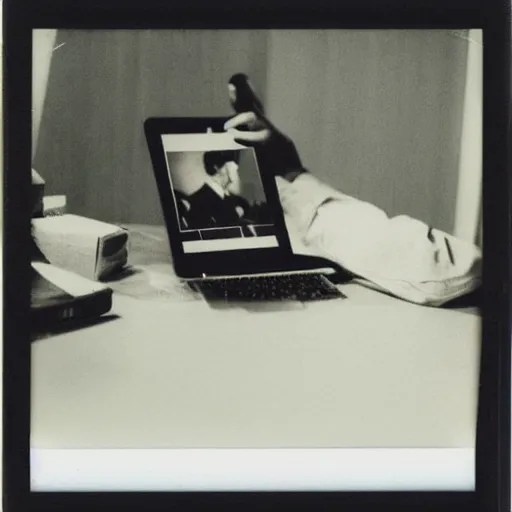 Image similar to a polaroid photo of a a computer checking its man checking his emails from the point of view of a computer screen