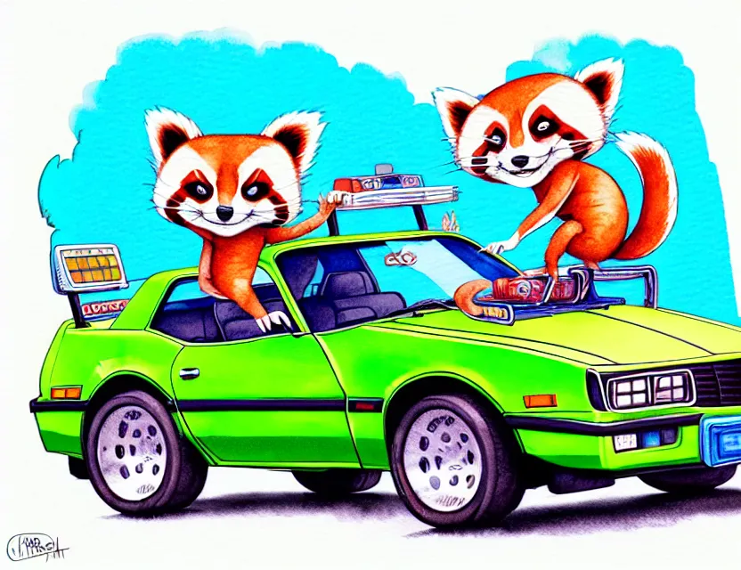 Prompt: cute and funny, redpanda riding in a tiny 1 9 8 7 chevy camaro, ratfink style by ed roth, centered award winning watercolor pen illustration, isometric illustration by chihiro iwasaki, edited by range murata, tiny details by artgerm and watercolor girl, symmetrically isometrically centered