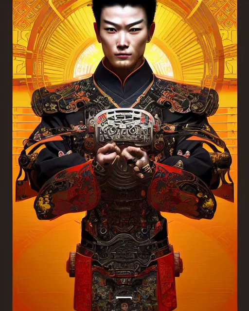 Image similar to portrait of a masculine male cyberpunk machine, machine face, upper half portrait, decorated with chinese opera motifs, asian, fine china, wuxia, traditional chinese art, intricate, elegant, highly detailed, symmetry, headpiece, digital painting, artstation concept art smooth sharp focus, illustration, art by artgerm and greg rutkowski alphonse mucha 8 k