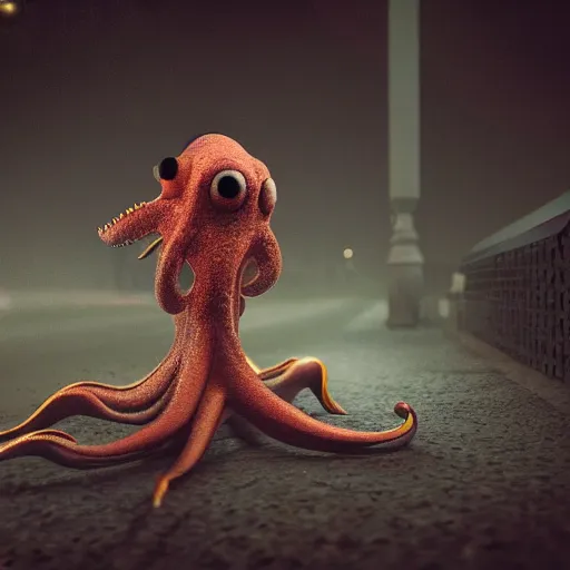 Prompt: a strange bird octopus hybrid creature waiting for the bus, dramatic lighting, 8 k octane render