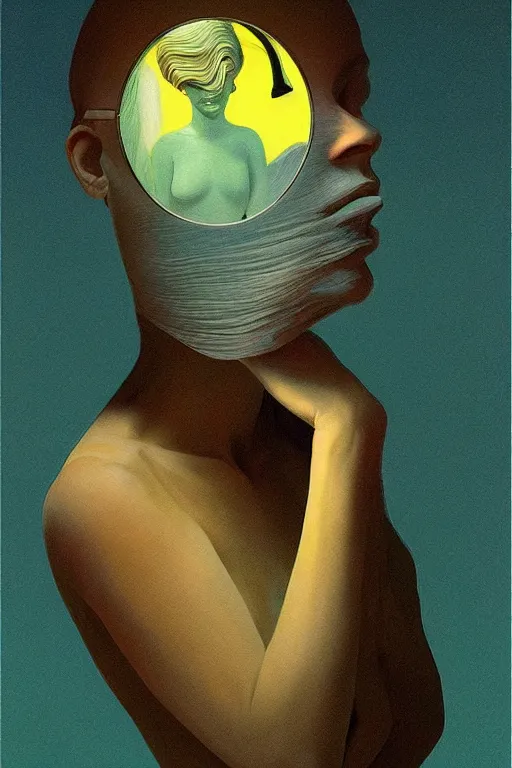 Image similar to woman wearing Oculus and digital glitch head Edward Hopper and James Gilleard, Zdzislaw Beksisnski, higly detailed