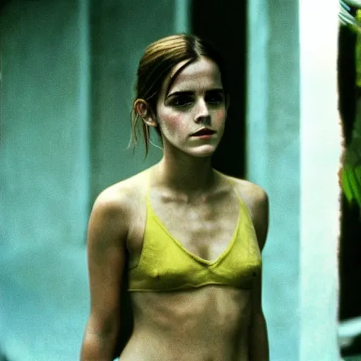 Image similar to film still, extreme far view, emma watson vietnam door gunner, film still from apocalypse now ( 1 9 7 9 ), 2 6 mm, kodak ektachrome, blue tint expired film,