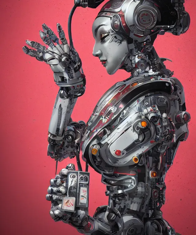 Image similar to an epic fantastic realism comic book style portrait painting of a japanese robotic geisha with kanji tattoos and decals, apex legends, octane render, intricate detail, 4 k hd, unreal engine 5, ex machina, irobot