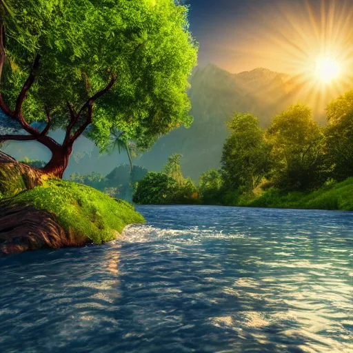 Prompt: paradise on earth with nice trees, rivers, mountains and sun, vray rendering 4 k, photorealistic, ultra - detailed, 4 k high resolution, hdr shot