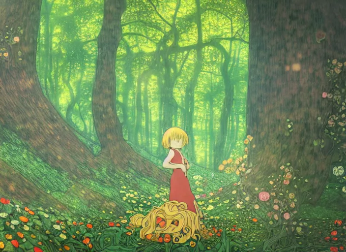 Prompt: lost in the enchanted forest,Katsuhiro Otomo, Katsura Masakazu,Hiroyuki Imaishi,Studio Trigger,gustav klimt, kawaii, manga,beautiful, 28mm lens,gradation,loish,vibrant, rule of thirds fibonacci, Ilya Kuvshinov, Kyoto Animation,Mucha,Murata Range, fine detail