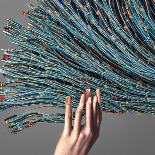 Image similar to subtle background, piles of modular synth cables, goddess reaching out hand wearing a headpiece made of circuit boards in a photo shoot for balenziaga, wlop, stanley kubrick, masamune, hideki anno, unique perspective, eastman color, perfect details, trending on artstation, 3 d render, smooth render