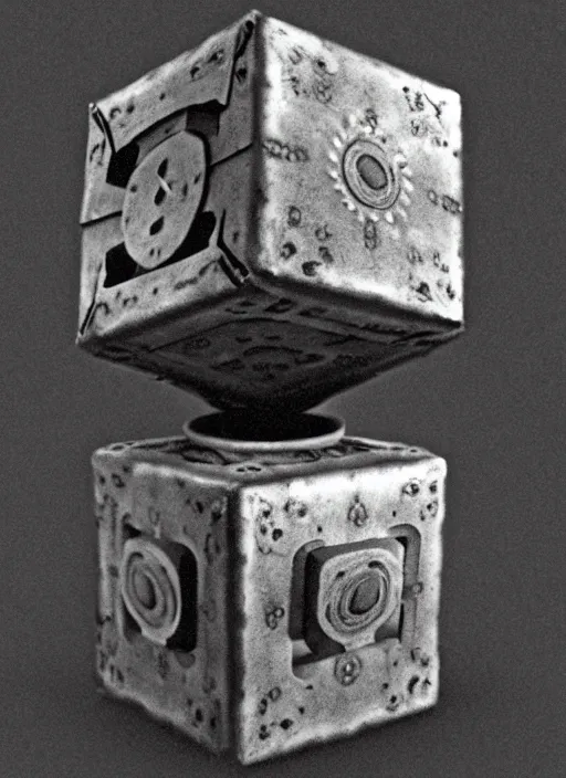 Prompt: 1 8 8 5 photo of a riveted companion cube from portal 2, daguerrotype, high quality