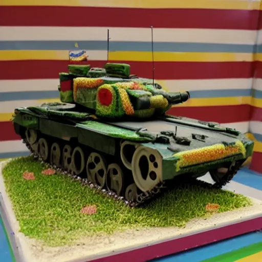 Prompt: war tank made of candy, sunny day