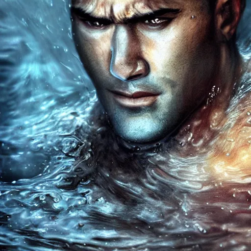 Image similar to photoshop photo edited painting photorealistic shockingly amazing portrait of guts from berserk submerged in water ,extremely detailed, made by wlop and maxwell boas