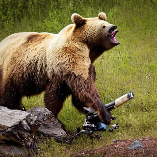 Prompt: a hunter aiming at a bear laughing a bull caught in a beartrap