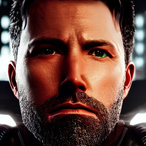 Prompt: ben affleck portrait, cyberpunk 2 0 7 7, cyberpunk, photorealistic, ultra detailed, neon, octane, bokeh, cinematic lighting, cyber, cyberpunk city, studio quality, feature, scars, cyberface, 8 k