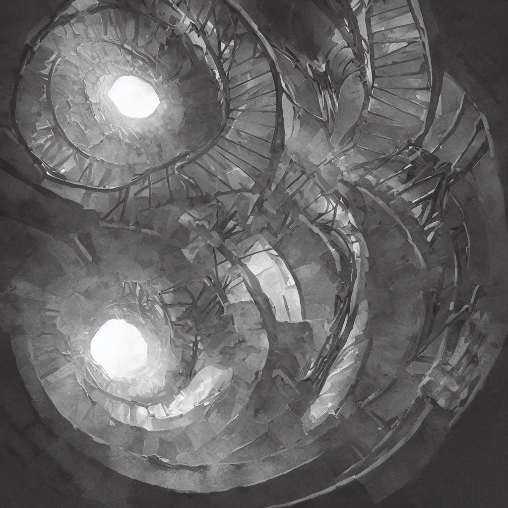 Prompt: “ a spiral staircase underground leads down to the center of the earth, mist, tyndall effect, artstation ”