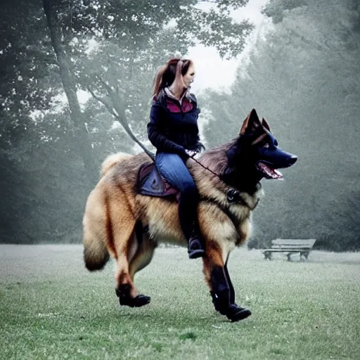 Image similar to girl riding a giant German shepherd in the park, trending on artstation