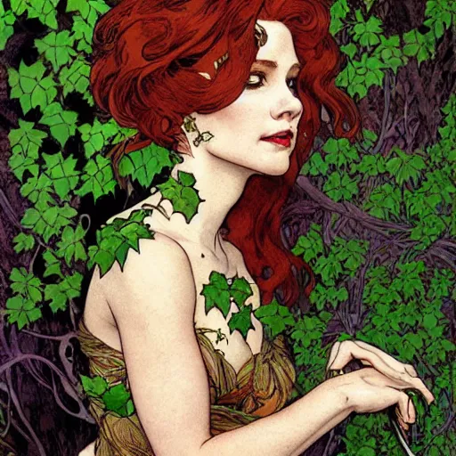 Prompt: a beautiful portrait of poison ivy playing a piano with vines and singing in a jazz club, female, in the style of magic the gathering, intricate, elegant, highly detailed, digital painting, artstation, concept art, matte, sharp focus, illustration, art byby rebecca guay and by arthur rackham and by alphonse mucha and by john william waterhouse