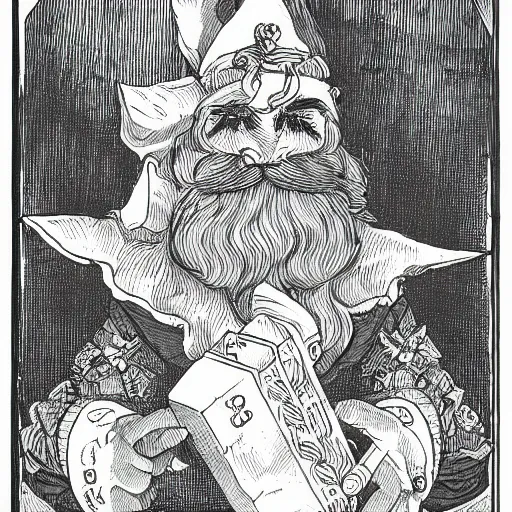 Image similar to elf with beard, holding a bomb, dnd, high detail, fantasy, in the style of vintage antique illustration and line drawing or engraving - c 9. 0