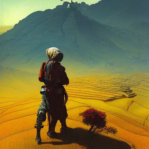 Image similar to cyberpunk afghan cowboy outrider standing atop a ridge, viewing rolling hills covered in rice terraces. c. leyendecker, simon stalenhag, studio ghibli, barlowe, audobon and beksinski