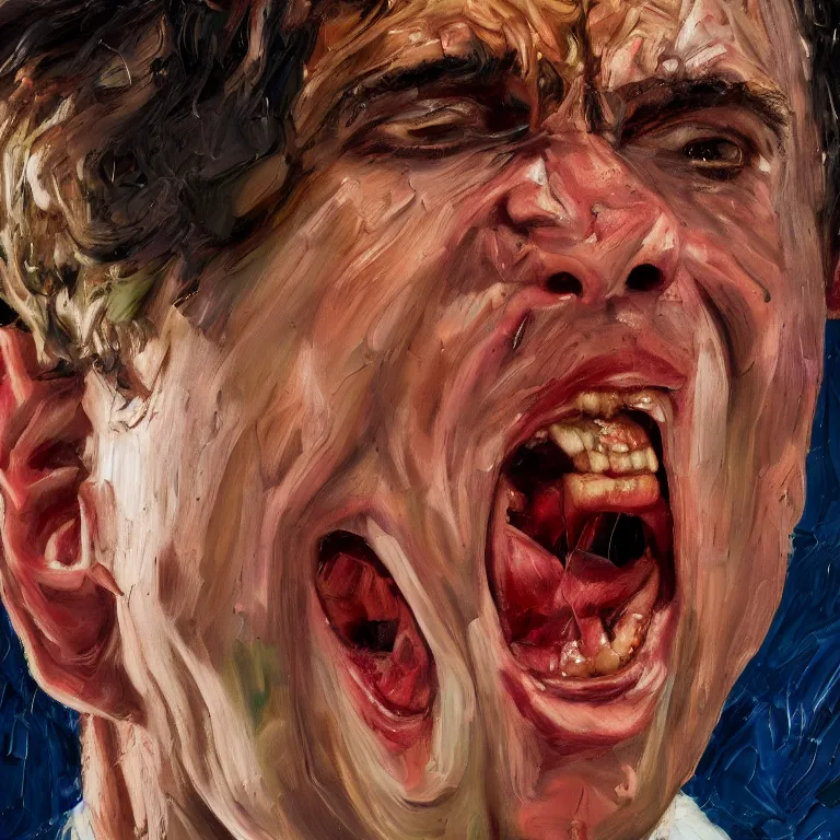 Prompt: warmly lit close up studio portrait of young angry!! screaming teenage Michael Scott furious!, impasto oil painting thick brushstrokes by Lucian Freud and Cy Twombly and Tim Hawkinson , trending on artstation dramatic lighting Expressionism