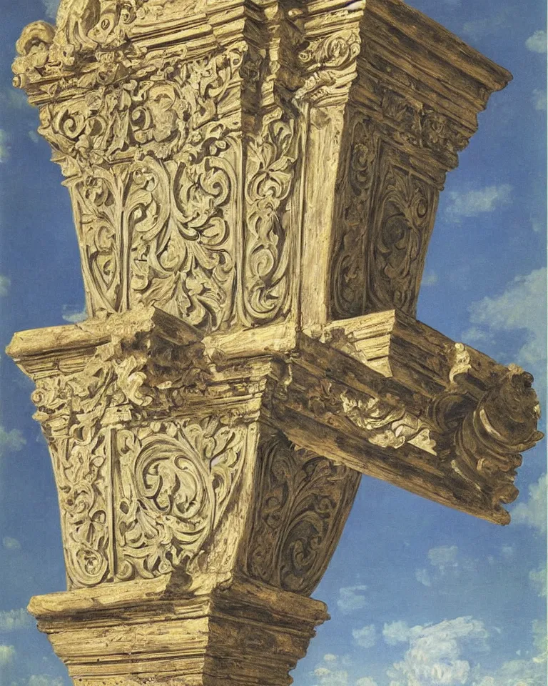 Image similar to achingly beautiful painting of intricate ancient roman corinthian capital on brilliant sapphire background by rene magritte, monet, and turner. giovanni battista piranesi.