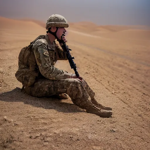 Prompt: portrait photography of soldier in the desert eating crayons, beautiful composition, ambient light