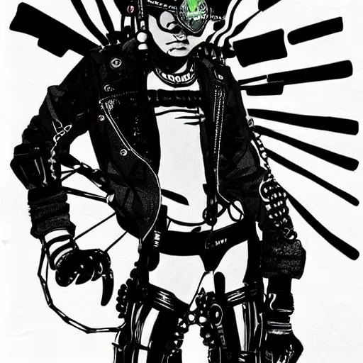 Prompt: a cybergoth guy wearing goggles and eccentric jewelry by jamie hewlett : : full body character concept art, detailed,