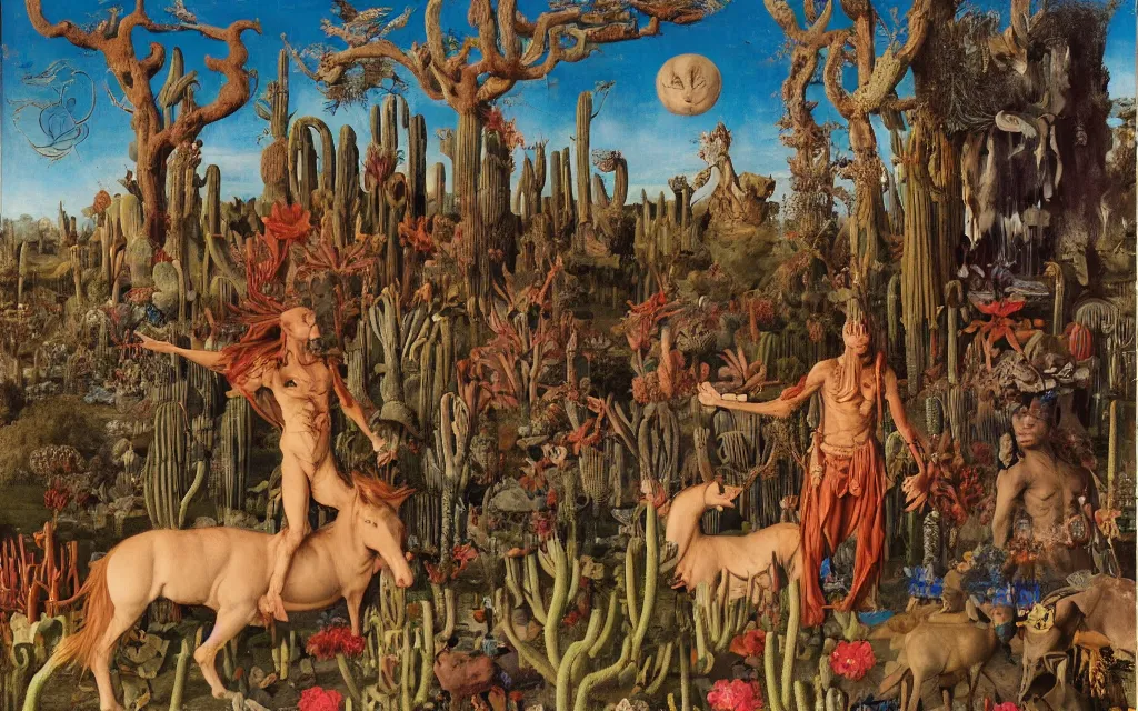 Prompt: photograph of a meditating centaur shaman and a flayed werewolf feeding animals. surrounded by bulbous flowers, animals and a few trees and cacti. river delta with cliffs under a blue sky of burning stars. painted by jan van eyck, max ernst, ernst haeckel, ernst fuchs and artgerm, trending on cgsociety