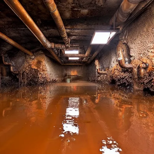 Image similar to underground copper mine, flooded, dirty water, rusty pipes