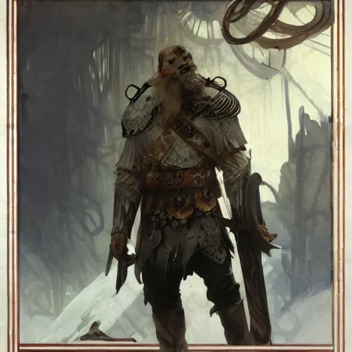 Image similar to rough-skinned, short-bearded undead Viking warrior with ice-pale skin wearing brutalist plate armor with art deco knotwork, by Greg Rutkowski, Brom, and Alphonse Mucha