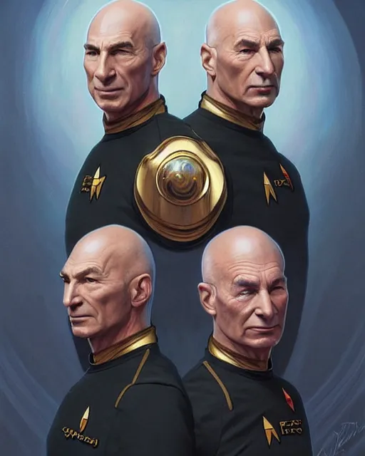 Prompt: Portrait of Jean Luc Picard & Kirk wearing spacesuits, real life skin, intricate, elegant, highly detailed, artstation, concept art, smooth, sharp focus, art by artgerm and greg rutkowski and alphonse mucha