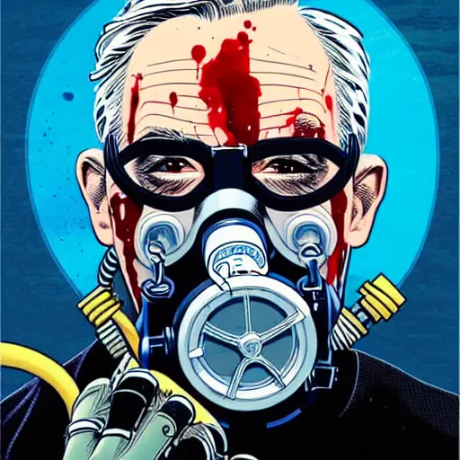 Image similar to a profile photo of an old man with a diving oxygen mask with side profile blood in ocean intricate details by MARVEL comics and Sandra Chevrier-C