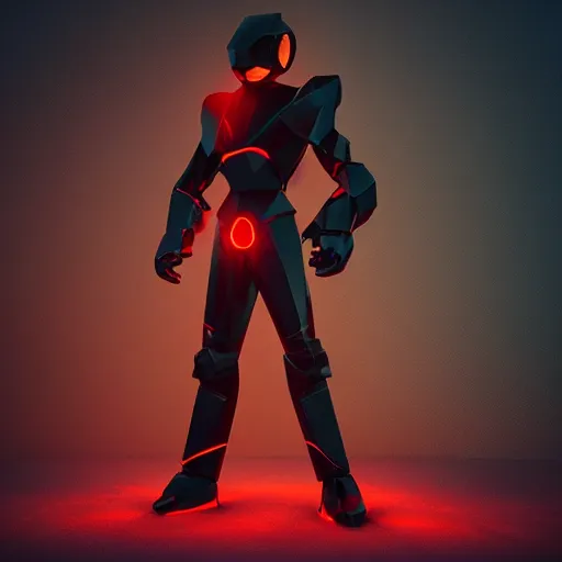 Prompt: “ shiny black angular polygonal sci - fi armor cinematic shot dynamic pose red glowing lines deviant art art station 4 k octane render bloom effect ”