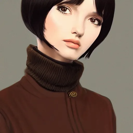 Prompt: 2d girl in black turtleneck and brown coat, elegant, 2d, ultra highly detailed, digital painting, smooth, sharp focus, artstation, portrait art by Ilya Kuvshinov