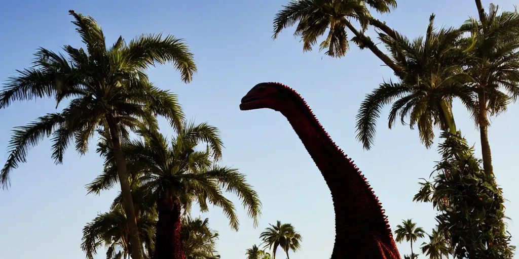 Image similar to photo of a very long neck godzilla nibbling on palm trees, silly, funny, weird and odd