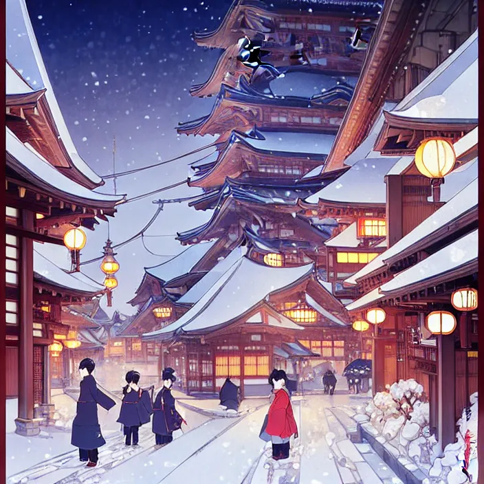 Image similar to japanese city, winter, in the style of studio ghibli, j. c. leyendecker, greg rutkowski, artem