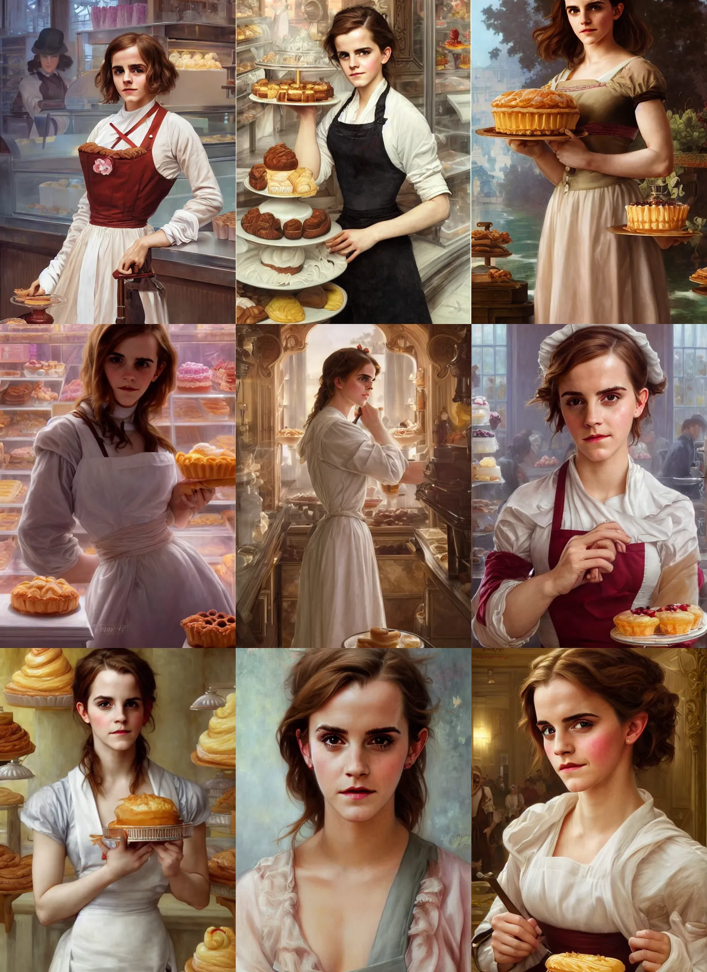 Prompt: portrait emma watson as hot confectioner in a pastry shop, full length shot, shining, 8k highly detailed, sharp focus, illustration, art by artgerm, mucha, bouguereau