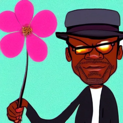 Image similar to a stylized cartoon of samuel l jackson with a pink flower in his hand