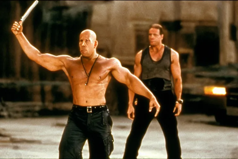 Image similar to film still of Vin Diesel as John McClane in Die Hard 1988