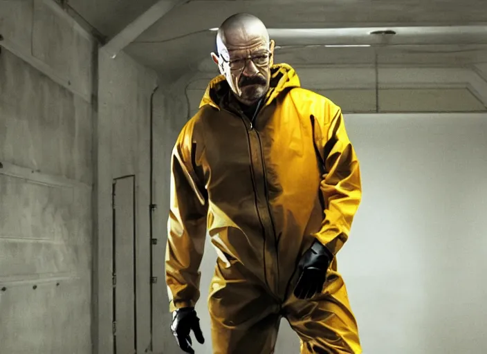 Image similar to film still of Walter White as Gordan Freeman wearing Black Mesa Jumpsuit in the Half Life Movie, 4k