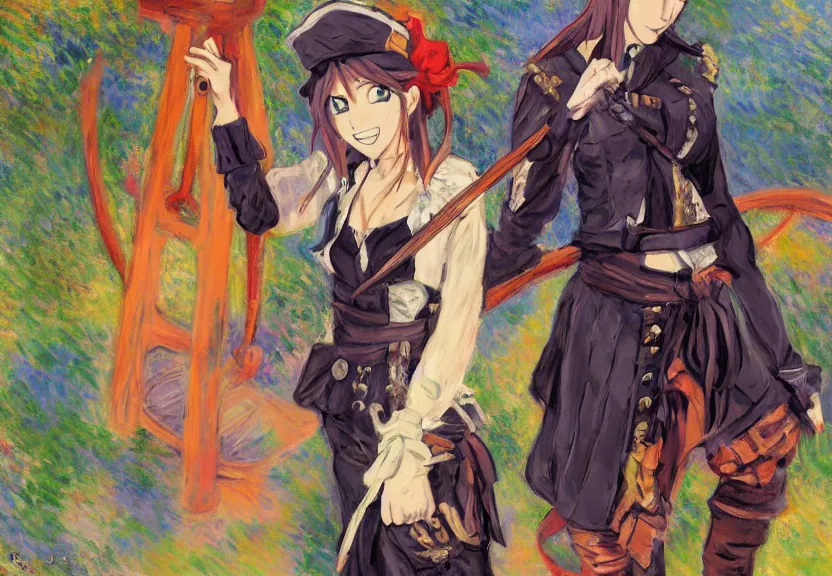 Prompt: wide angle perspective of a female pirate, a thrifty uniform, somewhat of an anime in impressionist style, trending artwork, made with anime painter studio, by claude monet and an anime artist, collaboration