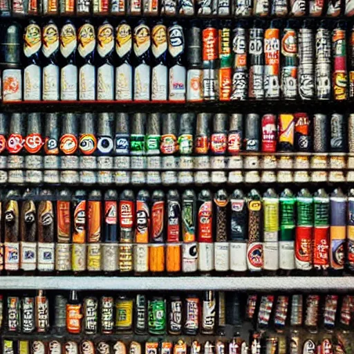 Image similar to a multilevel display of beer cans with cool trendy logos