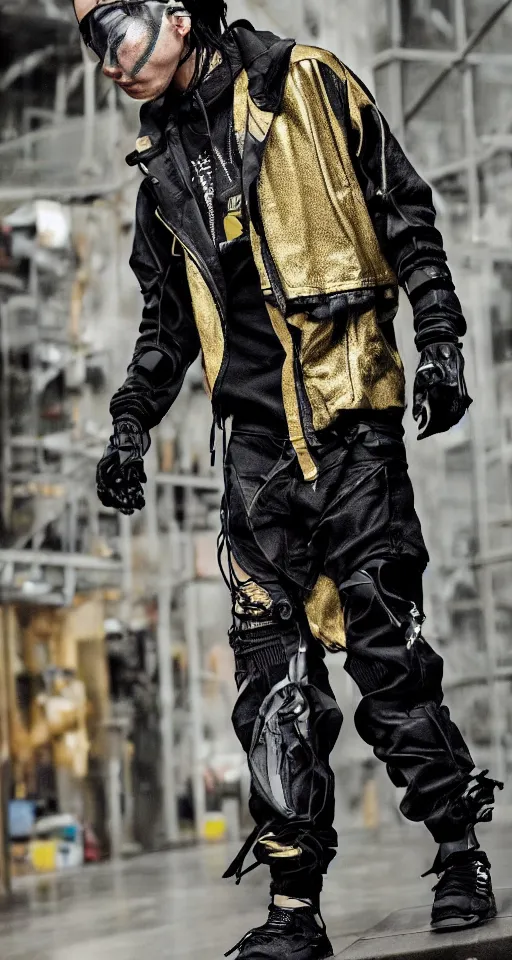 Image similar to cyberpunk techwear streetwear look and clothes, we can see them from feet to head, highly detailed and intricate, golden ratio, beautiful bright colors, hypermaximalist, futuristic, cyberpunk setting, luxury, elite, cinematic, techwear fashion, Errolson Hugh, Sacai, Nike ACG, Yohji Yamamoto, Y3, ACRNYM,