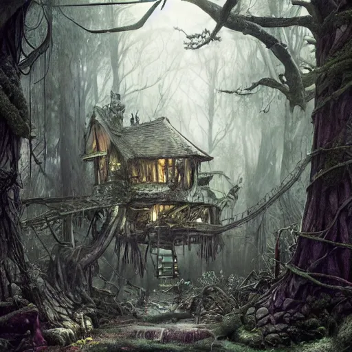 Image similar to dilapidated broken down treehouse, tucked within the witchwood forest, evil fairies, overgrown, detailed intricate ink illustration, dark atmosphere, detailed illustration, hd, 4k, digital art, overdetailed art, concept art, by greg rutkowski, by loish, complementing colors, Trending on artstation, deviantart