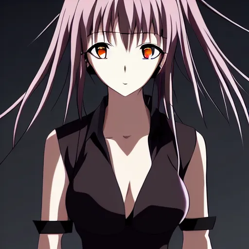 Image similar to female action anime girl, black dress, gum, symmetrical faces and eyes symmetrical body, middle shot waist up, Madhouse anime studios, Black Lagoon, Wit studio anime, 2D animation