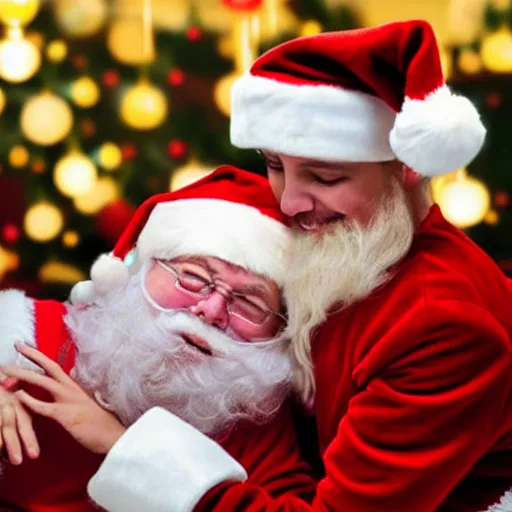 Image similar to a drunk santa crying while having a chils on his lap, shopping mall