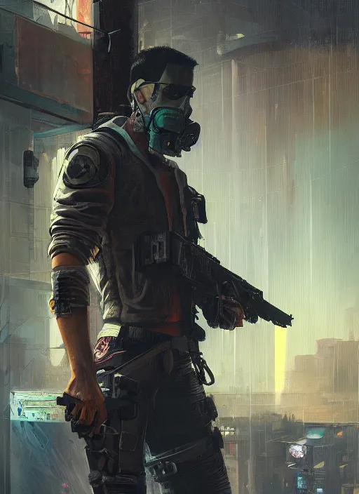 Image similar to Ezra. Cyberpunk mercenary in tactical gear climbing a security fence. rb6s, (Cyberpunk 2077), blade runner 2049, (matrix). Epic painting by Craig Mullins and Alphonso Mucha. painting with Vivid color.