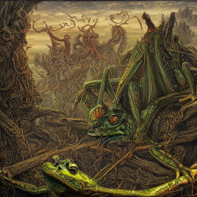Image similar to a painting of the kings of frog island by johfra bosschart, dark fantasy art, high detail, trending on artstation