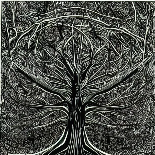 Prompt: the tree of knowledge, the tree of life, amazing art, organic complexity, digital art, incredible details, intrincate details, polygons, smooth network, by jackson pollock and hr giger