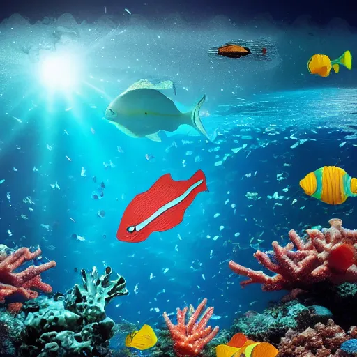 Prompt: a spaceship in water surrounded by fish and coral reef