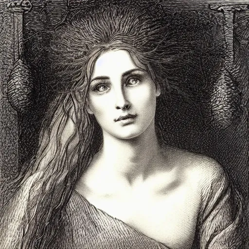 Image similar to portrait of a beautiful woman, high detail, illustration by Gustav Doré