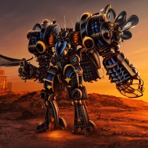 Prompt: a steampunk warrior wasp, transformer, mech, Ultra detailed, cinematic, cinematic lights, 8k, photorealistic, epic, sunset, ar 16:9